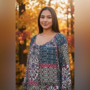 Jones & Co Stunning Bohemian Floral Women's Blouse - Pink and Blue NWT